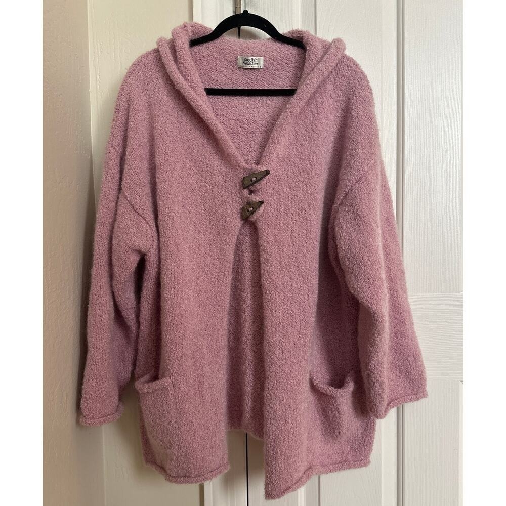 English‎ Weather Pink Fuzzy Boucle Knit Hooded Cardigan Sweater Duster Pockets